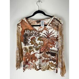 Y2K Orange Brown Blouse Bell Flutter Slit Sleeve Cotton Paisley L Rhinestone